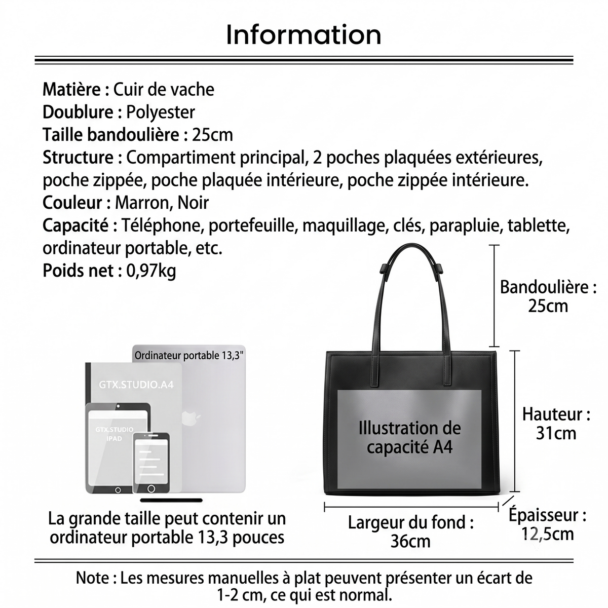 Sac fourre-tout Lucie en cuir véritable pour ordinateur