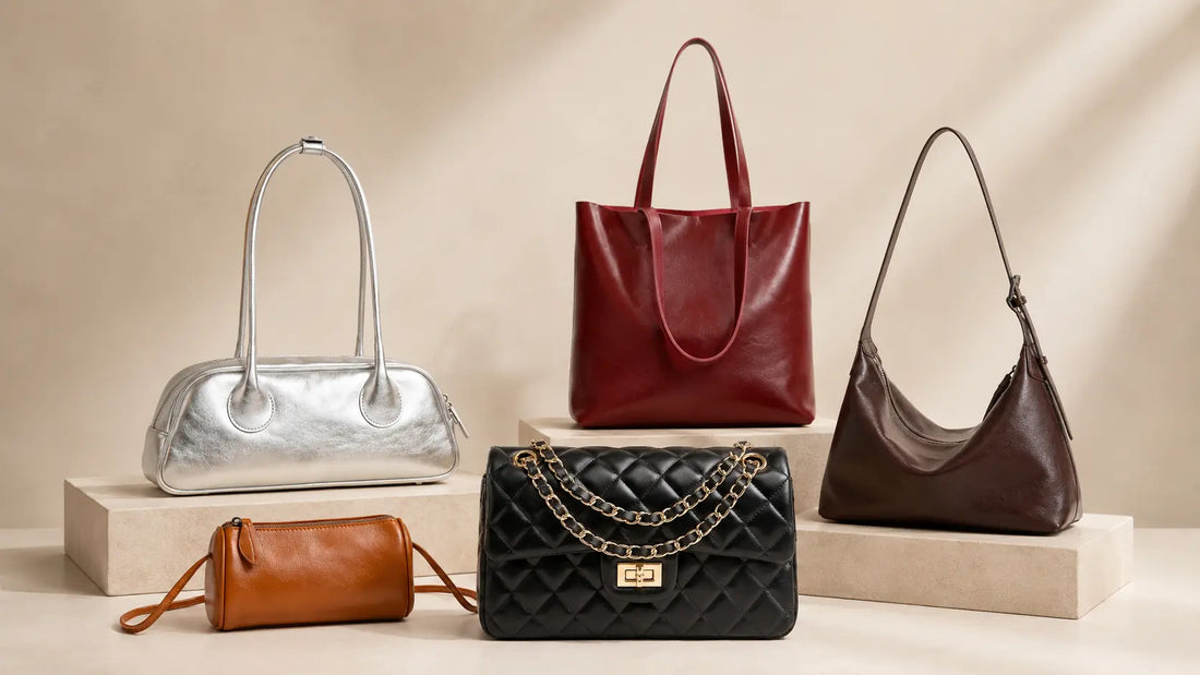 Cinq sacs à main en cuir intemporels UniversBags aux coloris variés, présentation boutique
