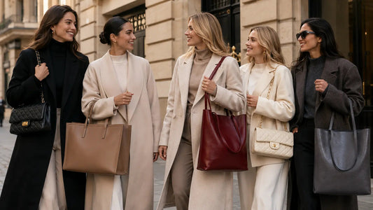 comparatif et choix des couleurs sac en cuir femme 5 modèles de sacs en cuir avec 5 femmes côtes à côtes portant les sacssac zephyr blanc et noir sac lucie camel sac luanda gris et bourgogne  en cuir avec 5 femmes dans la rue  