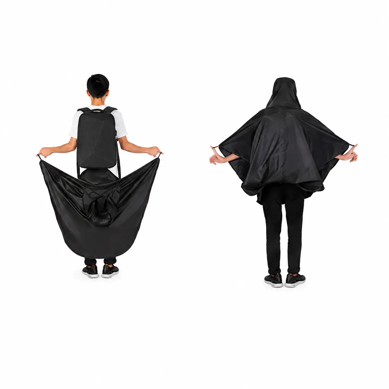 sac à dos poncho mark ryder poncho intégré déployable et détachable à gauche de l'image un homme déploie le poncho du sac à dos et à droite le modèle homme enfile le poncho sur son sac à dos jusqu'à sa tête en capuche et couvrant jusqu'aux épaules et bras 