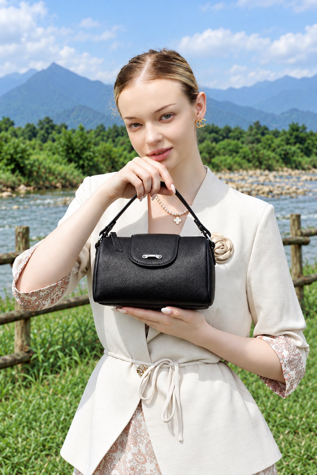 Lana noir présenté de près à la main, avec le sac et son anse entièrement visibles