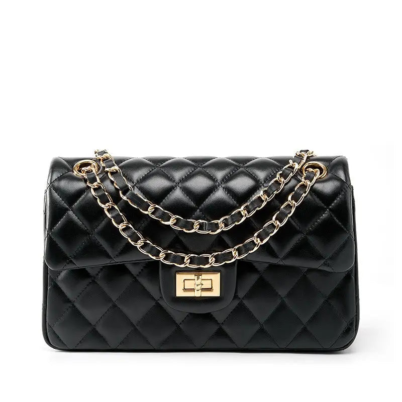 Sac à main matelassé Zéphyr en cuir véritable noir avec chaîne dorée, sans logo