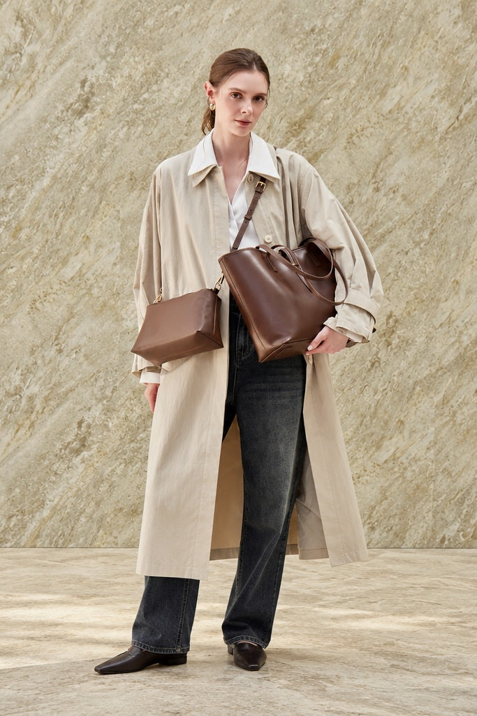 Ensemble Marina chocolat : petit sac porté en bandoulière et grand cabas assorti