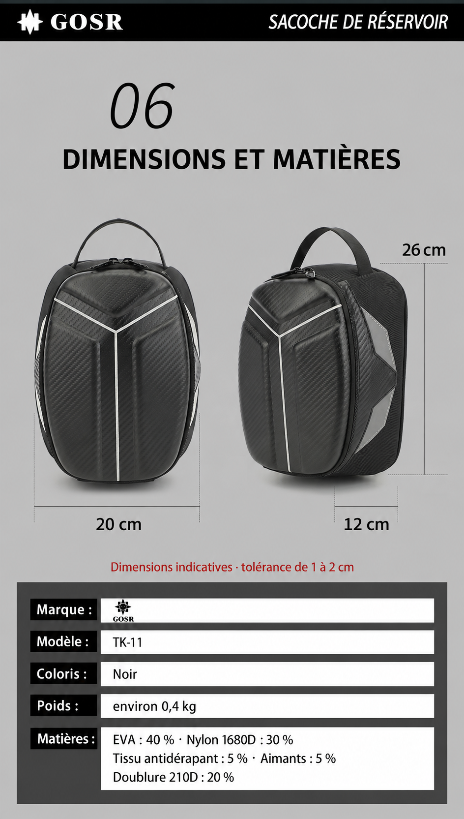 Dimensions de la GOSR TK11 : environ 26 × 20 × 12 cm