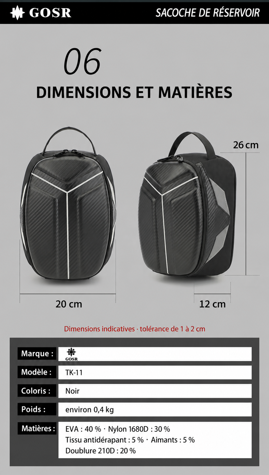 Dimensions de la GOSR TK11 : environ 26 × 20 × 12 cm