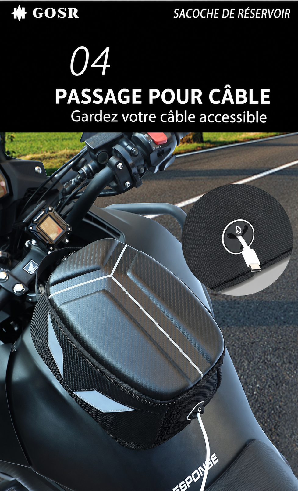 Passage pour câble sur la sacoche de réservoir GOSR