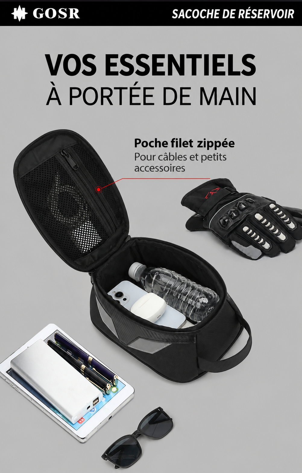 Compartiment et poche filet zippée de la GOSR ouverts avec exemples de contenu