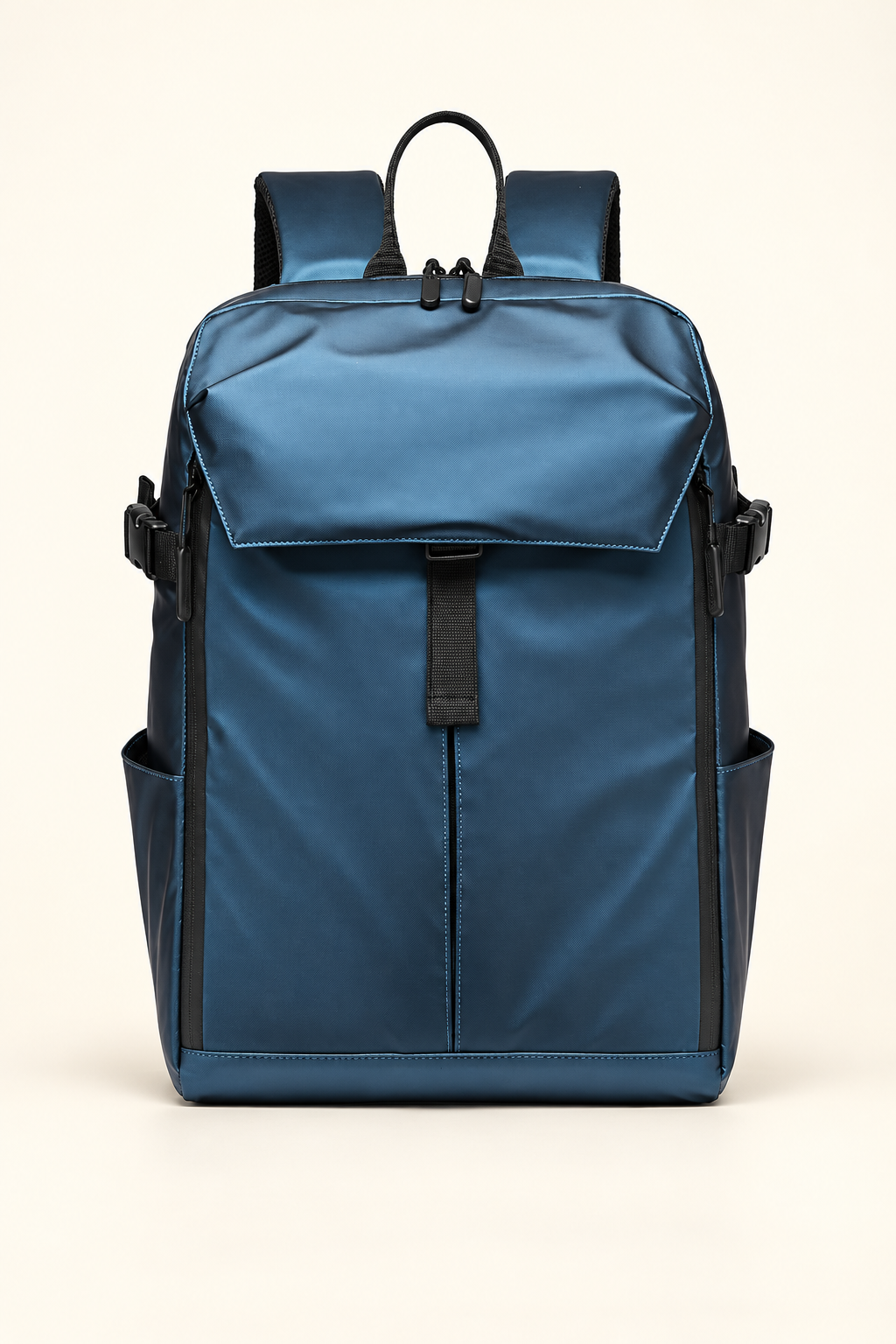 Jordan bleu de face, avec sa poche porte-casque repliée