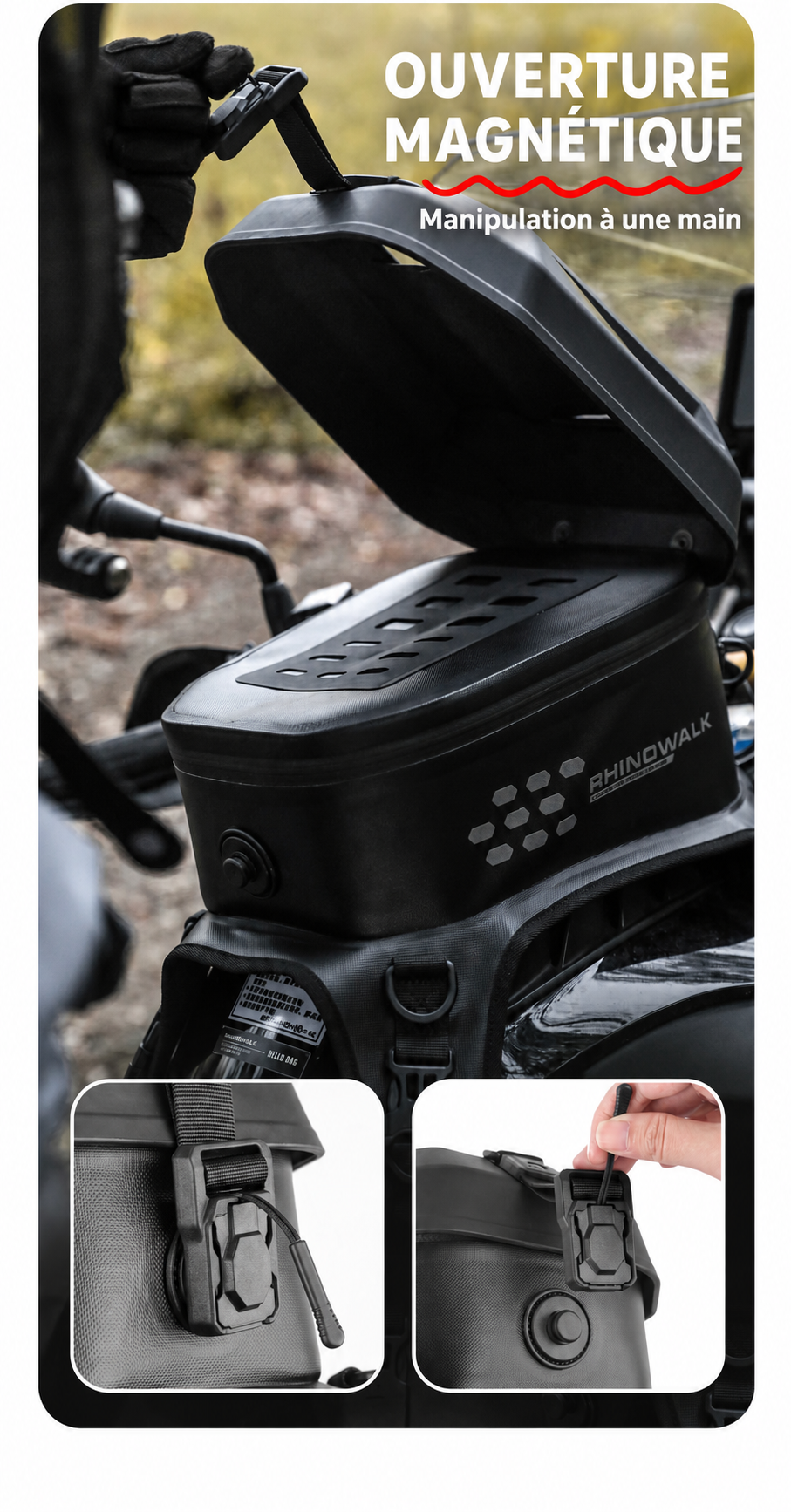 Ouverture magnétique du couvercle de la Rhinowalk MTR2506