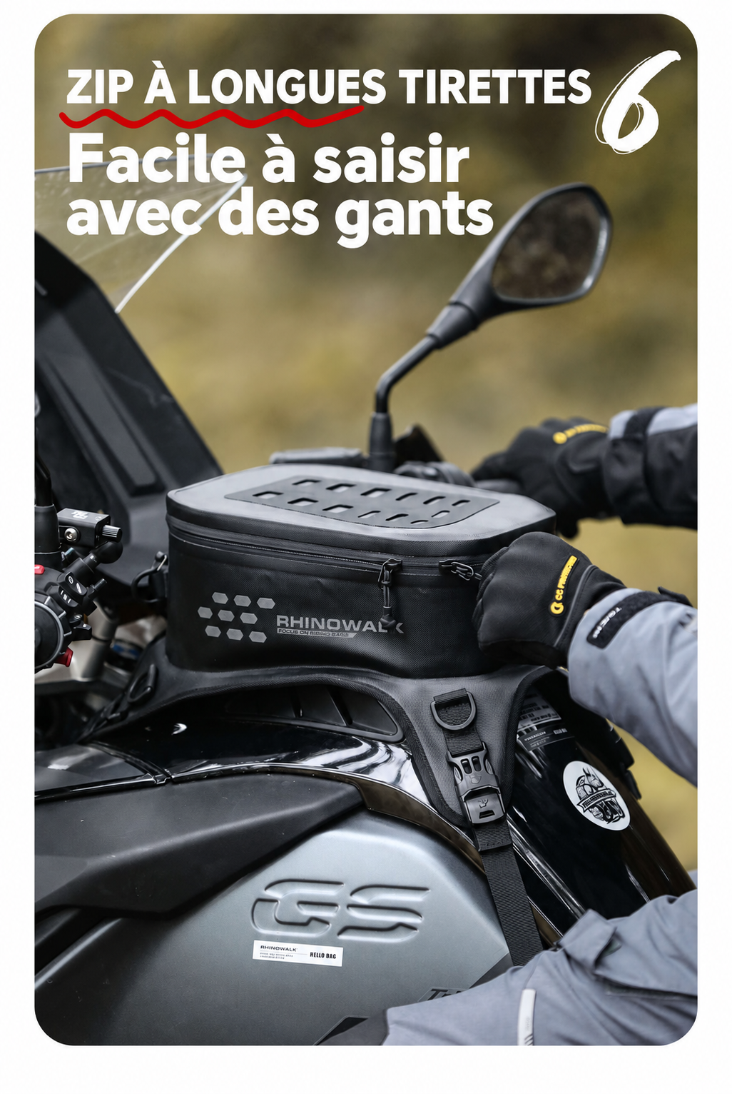 Longues tirettes de fermeture de la sacoche Rhinowalk utilisées avec des gants