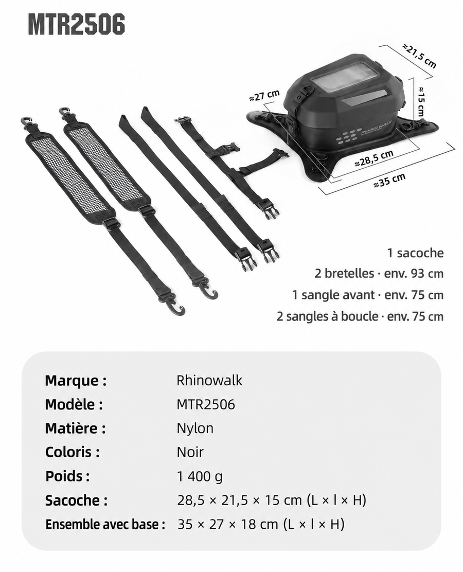 Dimensions et sangles fournies avec la Rhinowalk MTR2506