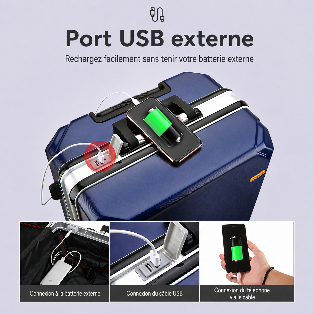 Détails de Valise Rigide Premium Monaco avec Cadre en Aluminium et Port USB Intégré